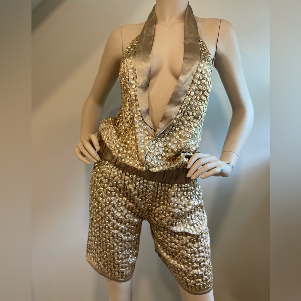 Elegant Glamour: Patrizia Pepe Silk Gold Sequined Jumpsuit